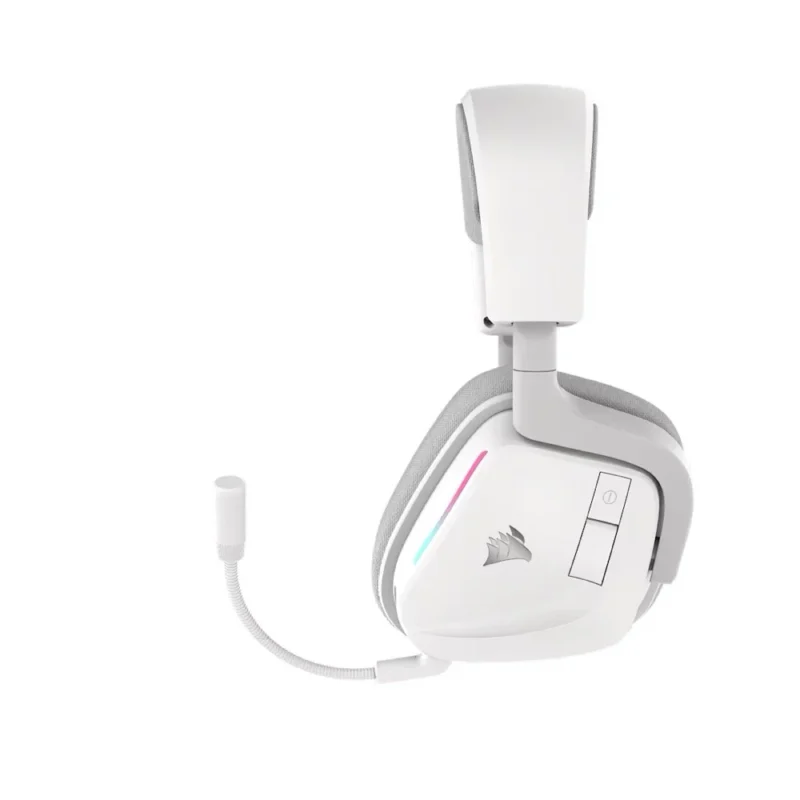 A direct side view of the left earcup of the CORSAIR VOID WIRELESS v2, showing the microphone in its bent position.