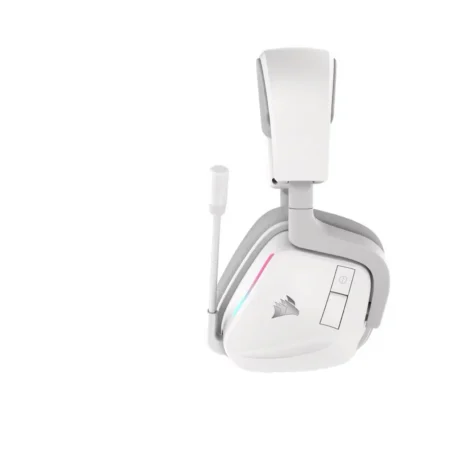 A direct side view of the left earcup of the CORSAIR VOID WIRELESS v2, showing the microphone in its folded up position.