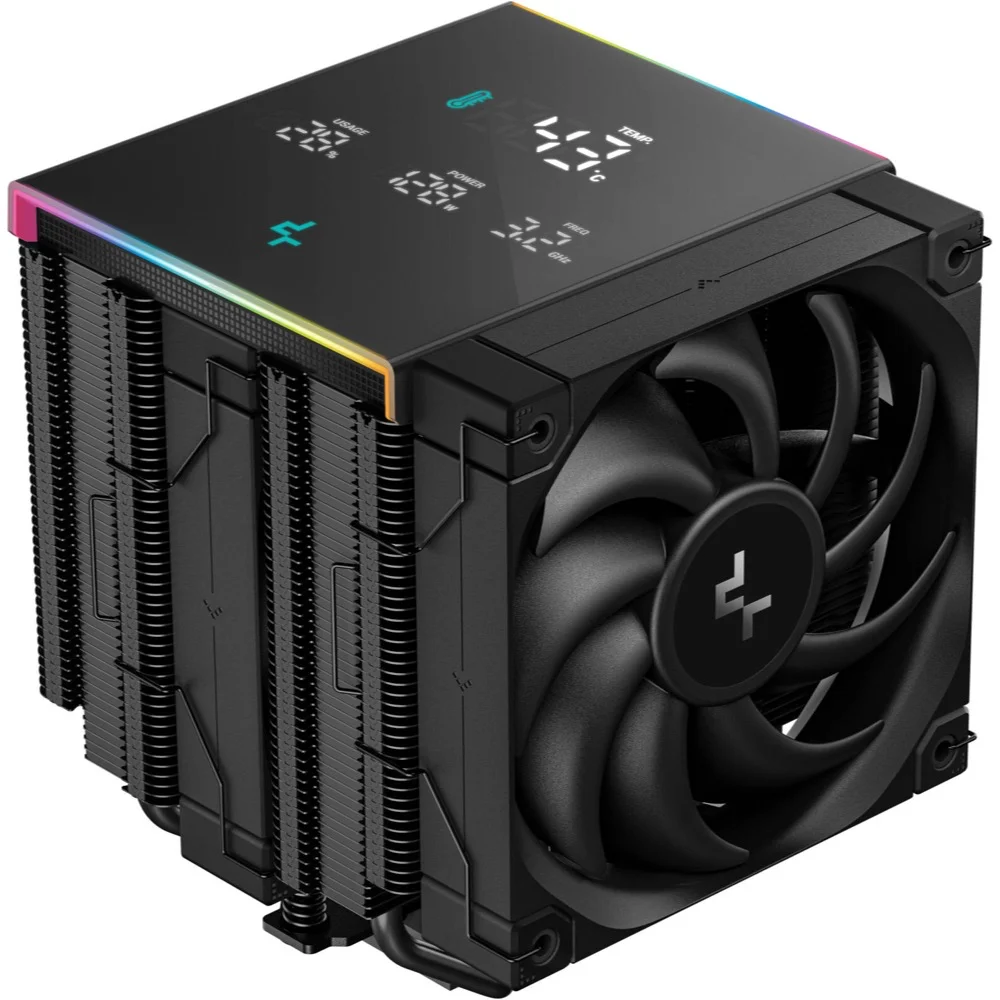 Left-angle perspective of the DeepCool AK620 Digital Pro, highlighting the black matrix fin array and ARGB lighting strips