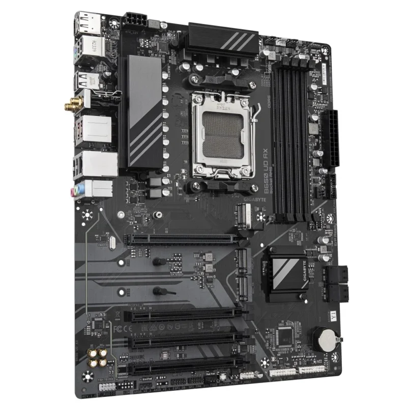 Angled view of the GIGABYTE B650 UD AX motherboard showing the heatsink design.