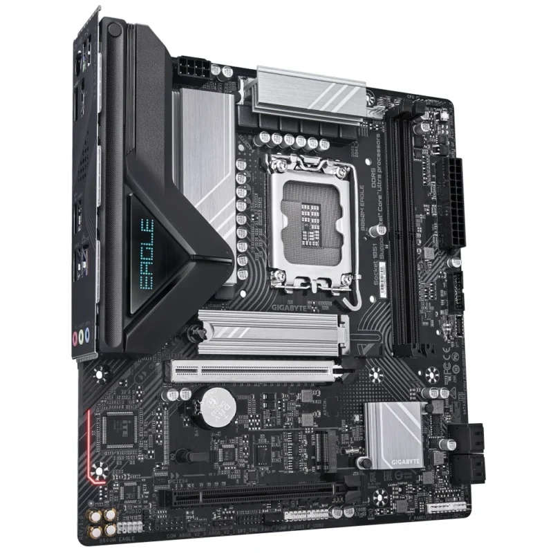 Angled view of the GIGABYTE B860M EAGLE motherboard showing the sleek digital VRM design.