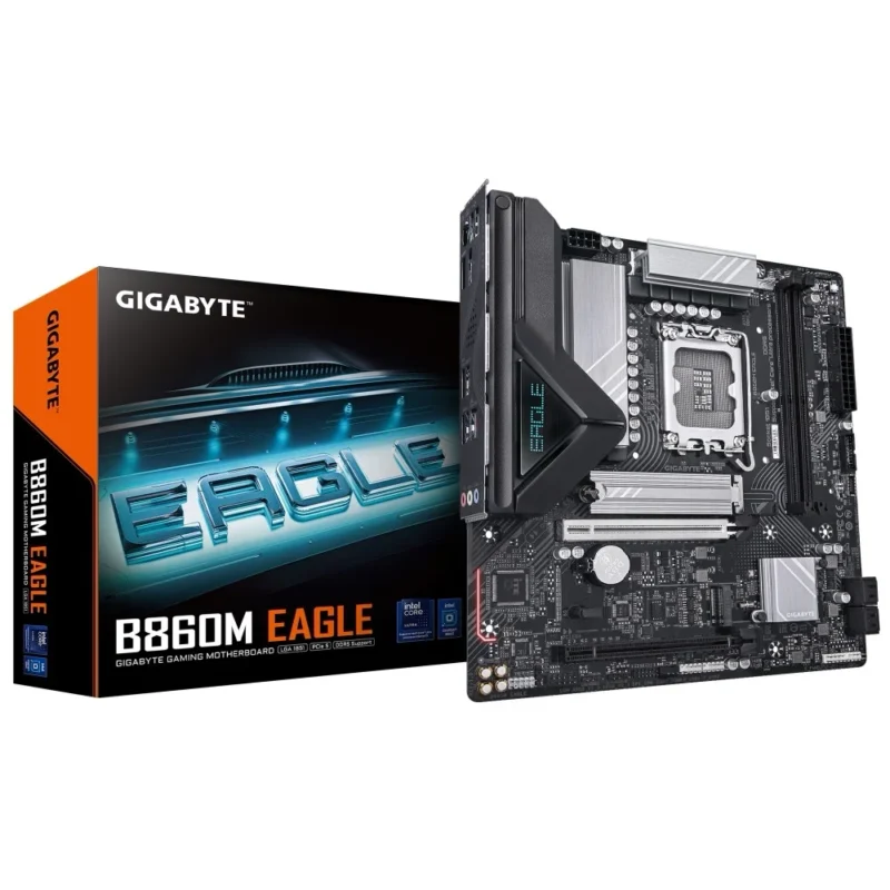 The GIGABYTE B860M EAGLE motherboard displayed next to its Ultra Durable retail box.