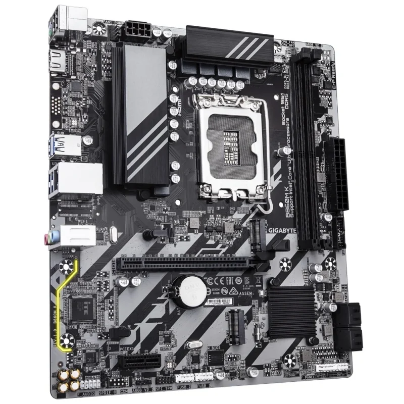 Angled view of the GIGABYTE B860M K motherboard showing the simple and durable layout.