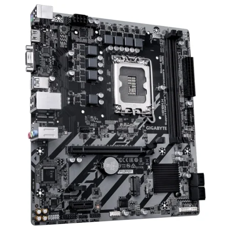 Angled view of the GIGABYTE H810M H motherboard showing the compact layout.