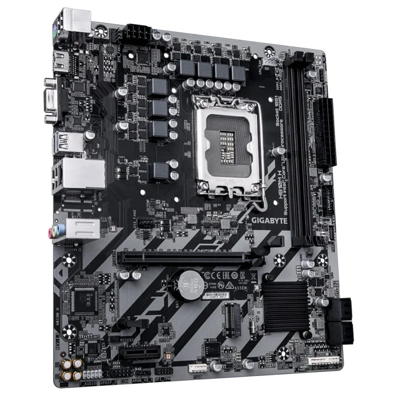 Angled view of the GIGABYTE H810M H motherboard showing the compact layout.