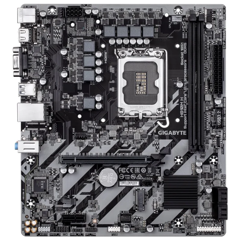 Full layout of the GIGABYTE H810M H showing connector and slot locations.