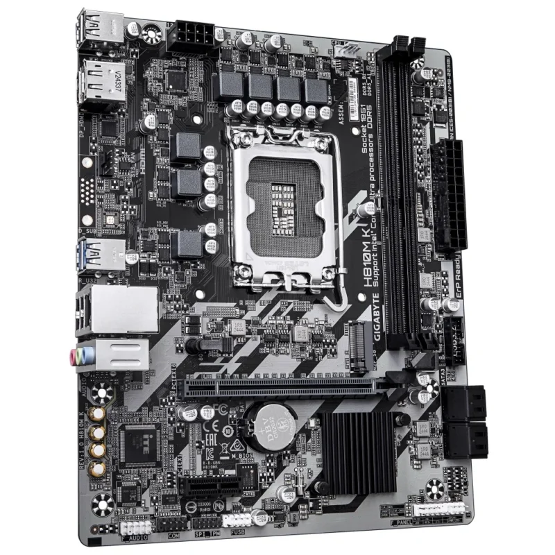 Angled view of the GIGABYTE H810M K motherboard showing the simple and compact design.