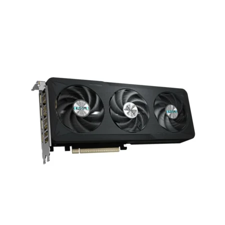 GIGABYTE GeForce RTX 5060 EAGLE MAX OC 8GB in a dynamic angle shot showing the complete WINDFORCE cooling assembly left angle