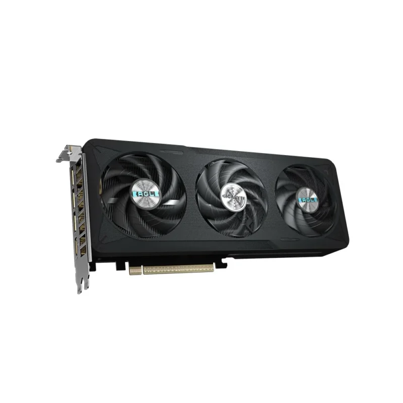 GIGABYTE GeForce RTX 5060 EAGLE MAX OC 8GB in a dynamic angle shot showing the complete WINDFORCE cooling assembly left angle