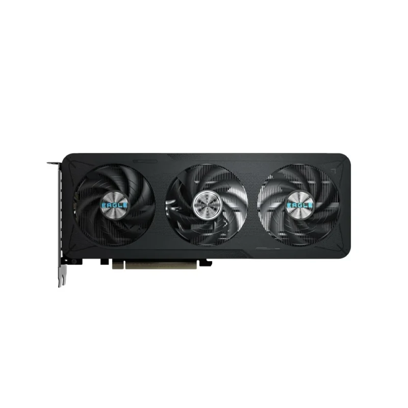 GIGABYTE GeForce RTX 5060 EAGLE MAX OC 8GB from a top-down perspective, showing the fans and the top of the metal backplate.