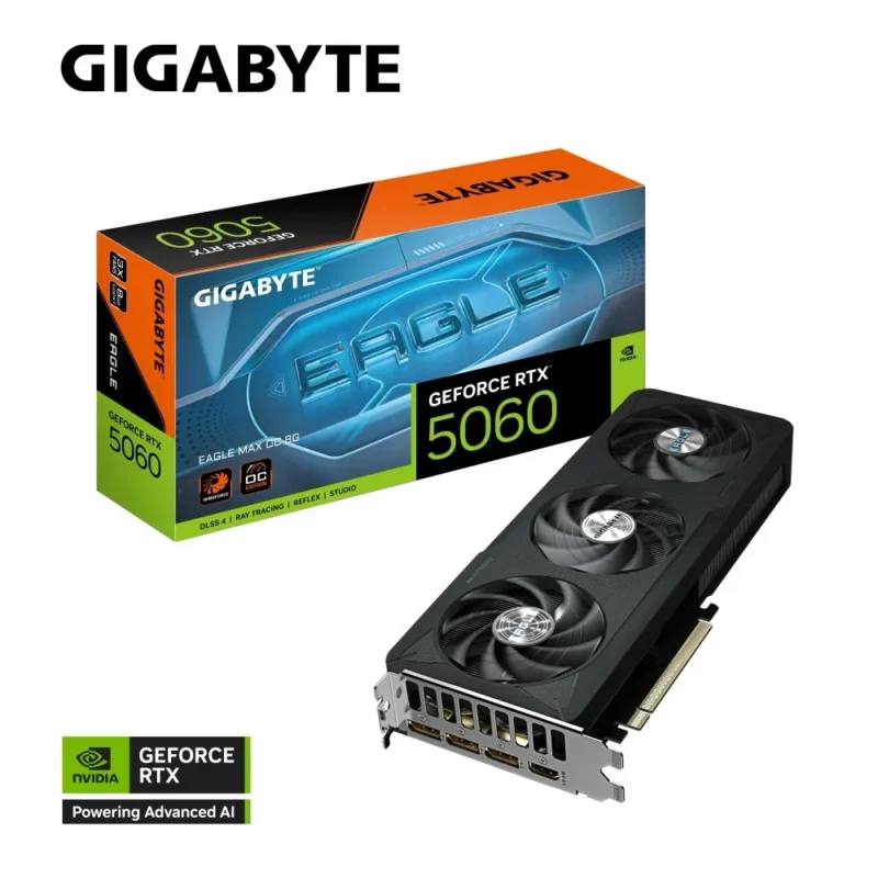 GIGABYTE GeForce RTX 5060 EAGLE MAX OC 8GB shown next to its official retail box.