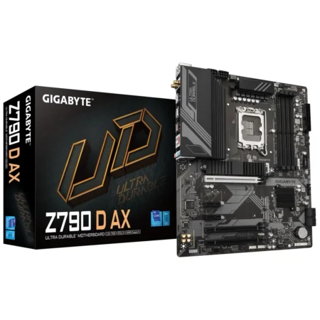 The GIGABYTE Z790 D AX motherboard displayed next to its Ultra Durable retail packaging.