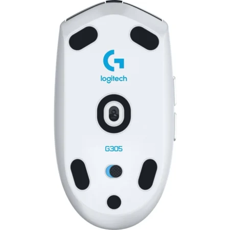 The underside of the Logitech G305 LIGHTSPEED, showing the optical sensor, PTFE mouse feet, and profile button.