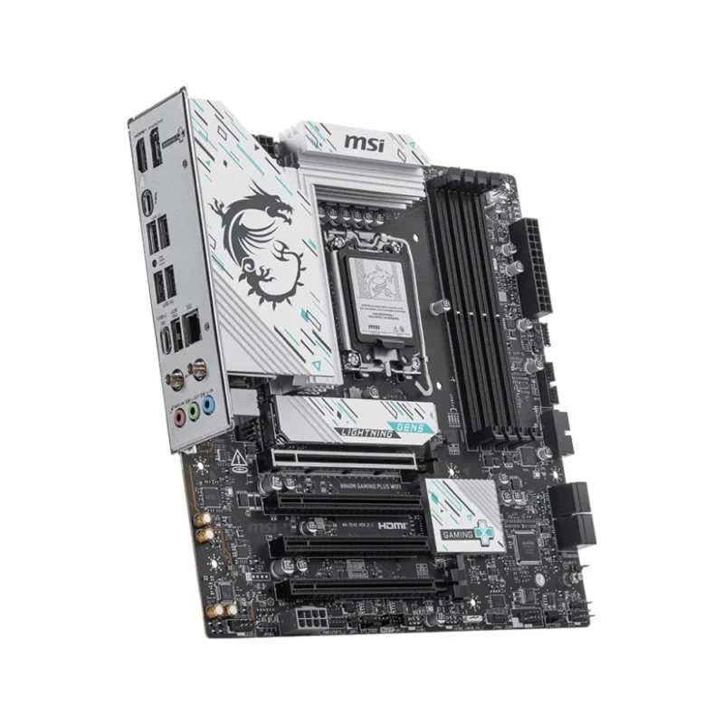 Angled view of the MSI B860M GAMING PLUS WIFI motherboard showing the silver heatsinks and black PCB.