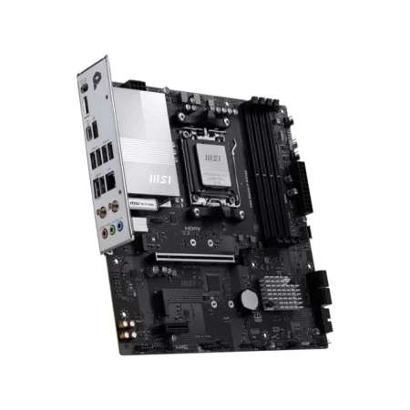 Angled view of the MSI PRO B840M-P WIFI6E motherboard showing the silver heatsinks.