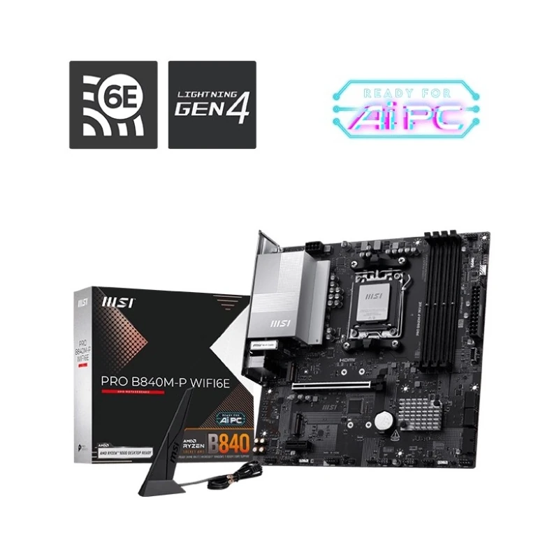 The MSI PRO B840M-P WIFI6E motherboard displayed next to its retail packaging.
