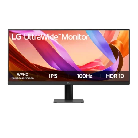 Front view of the LG UltraWide 29U511A-B with overlay text detailing the 29-inch 21:9 WFHD screen, 100Hz refresh rate, and IPS display.