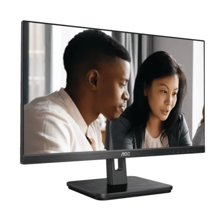 Left-angle perspective of the AOC 22E2HM, highlighting its compact stand and modern design.