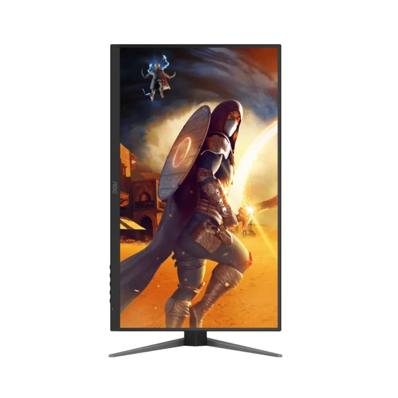 Front view of the AOC Q27G4XM rotated 90 degrees into portrait mode.