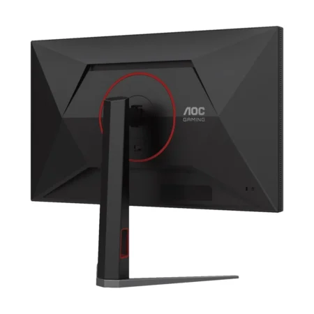 Angled view from the rear-left of the AOC Q27G4XM, showcasing the black and red aesthetic.