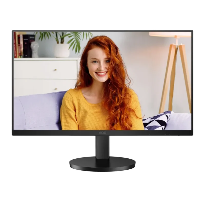 Front view of the AOC U27B3CF monitor, showcasing its clear 4K UHD screen and 3-sided frameless design.