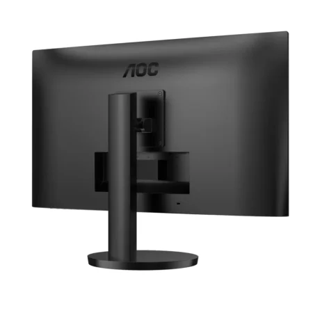Angled view from the rear-left of the AOC U27B3CF, showcasing the back-panel texture.