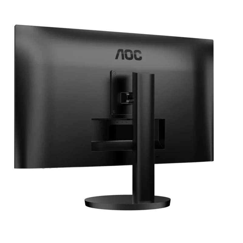 Angled view from the rear-right of the AOC U27B3CF, providing a clear look at the cable management area.