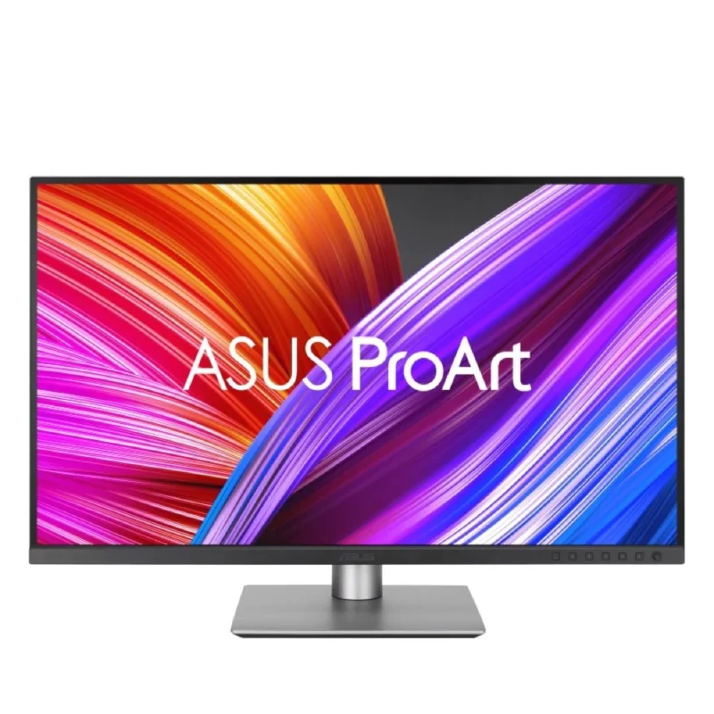 Lowered Front view of the ASUS ProArt PA329CRV monitor, showcasing its sharp 4K UHD screen and thin bezels.