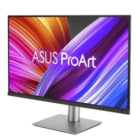 Right-angle perspective of the ASUS ProArt PA329CRV 4K monitor, displaying its sleek profile