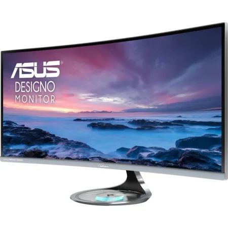 Right-angle perspective of the ASUS MX34VQ, displaying its sleek 1800R curved profile.