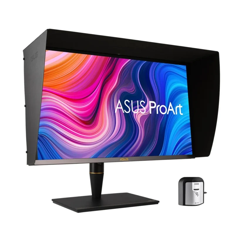 Left-angle perspective of the ASUS ProArt PA27UCX-K, highlighting its robust professional build.