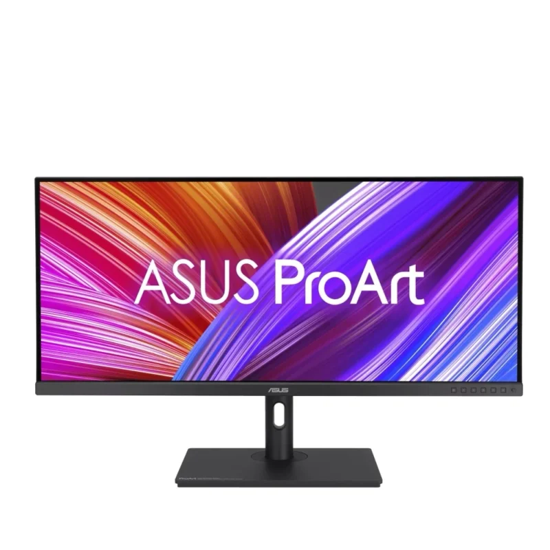 Front view of the Mid level ASUS ProArt PA348CGV monitor, showcasing its wide 21:9 aspect ratio and thin bezels