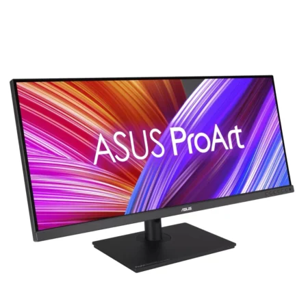 Left-angle perspective of the tilted ASUS ProArt PA348CGV, highlighting its professional matte finish.