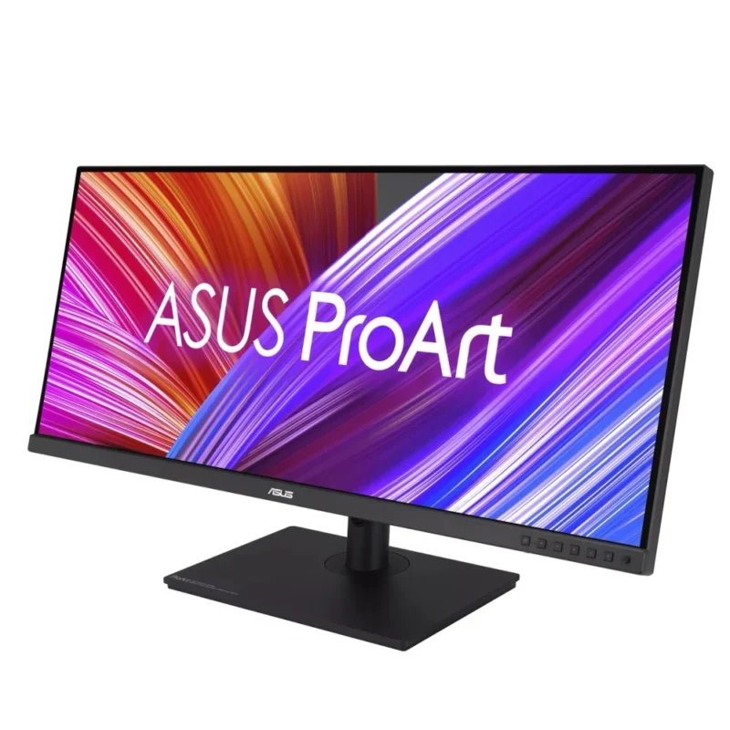 Right-angle perspective of the ASUS ProArt PA348CGV ultrawide monitor, displaying its sleek profile tilted
