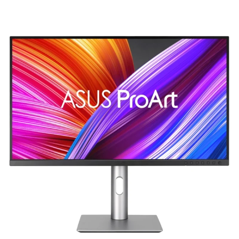 asus-90lm08e0-b01k70-front-view Front view of the ASUS ProArt PA279CRV monitor, Lowered on the stand, showcasing its sharp 4K UHD screen and thin bezels.