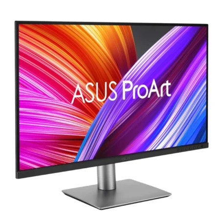 Left-angle perspective of the ASUS ProArt PA279CRV, highlighting its professional aesthetic.
