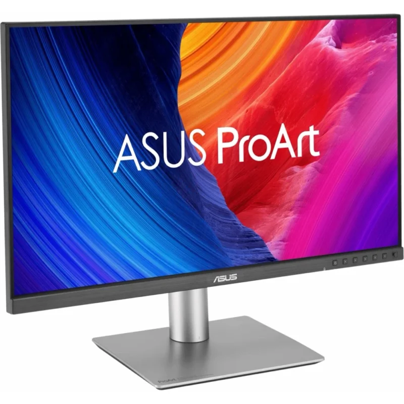 Left-angle perspective of the ASUS ProArt PA27JCV, highlighting its premium professional design.