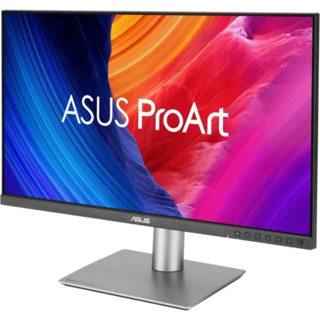 Left-angle perspective of the ASUS ProArt PA32QCV, highlighting its professional aesthetic.