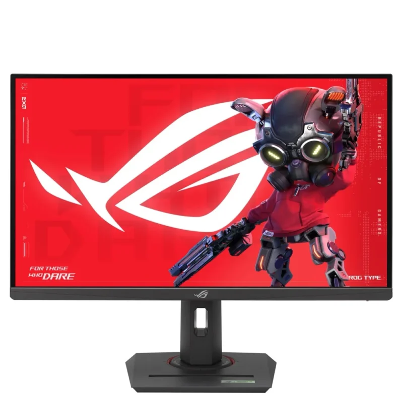 Front view of the ASUS ROG Strix XG27UCG monitor, showcasing its sharp 4K screen and frameless design