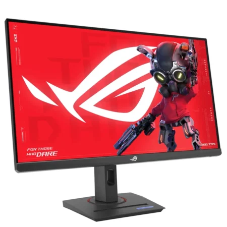 Left-angle perspective of the ASUS ROG Strix XG27UCG, highlighting its versatile gaming aesthetic.