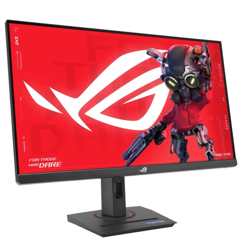 Left-angle perspective of the ASUS ROG Strix XG27UCG, highlighting its versatile gaming aesthetic.