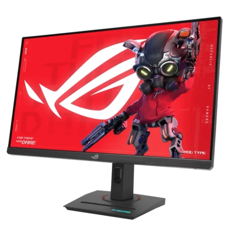 Right-angle perspective of the ASUS ROG Strix XG27UCG Dual Mode monitor, displaying its sleek profile.