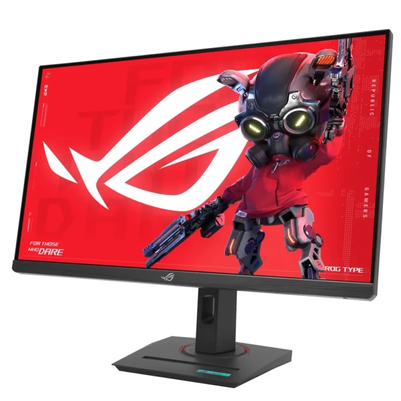 Right-angle perspective of the ASUS ROG Strix XG27UCG Dual Mode monitor, displaying its sleek profile.