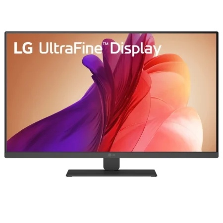 Front view of the LG UltraFine 27U730A-B monitor, showcasing its sharp 4K screen and 3-side virtually borderless design