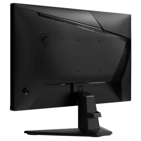 Angled view from the rear-left of the MSI G255F, showcasing the back-panel texture and intuitive OSD control layout.