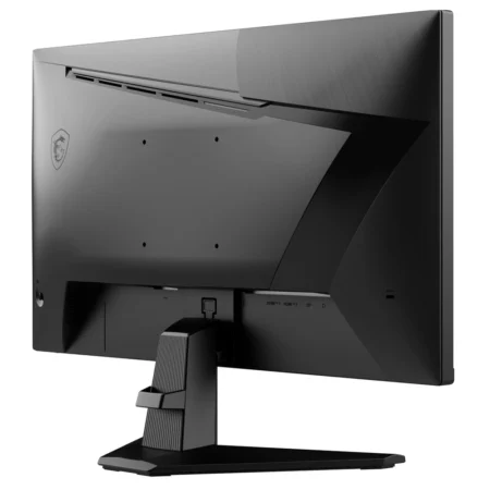 Angled view from the rear-right of the MSI G255F, providing a clear look at the stand and cable management area.