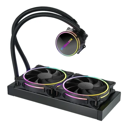 lying down side view of the PCBuilder Hydro Chill 240MM AIO, showing the two 120mm ARGB fans.