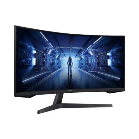 Left-angle perspective of the Samsung Odyssey G5 LC34G55TWWPXEN, highlighting its dramatic 1000R curved bezel and ergonomic stand.