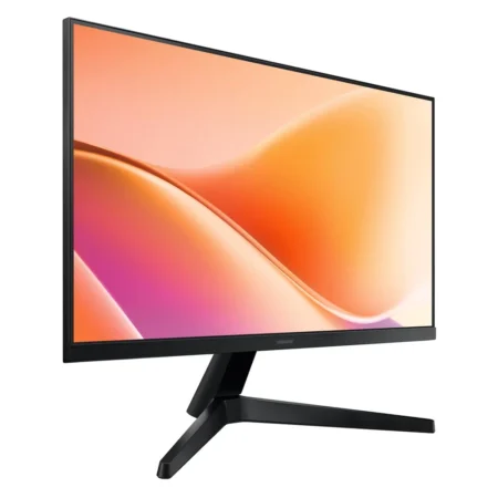 Left-angle perspective of the Samsung Essential Monitor S3 LS24F330EAUXEN, highlighting its clean bezel and simple ergonomic stand.