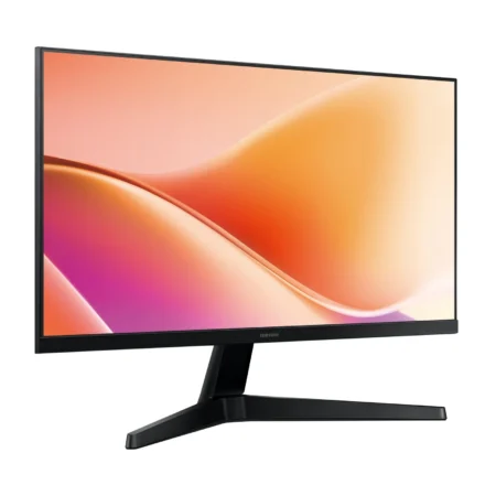 Left-angle perspective of the Samsung Essential Monitor S3 LS24F330EAUXEN, highlighting its clean bezel and simple ergonomic stand.